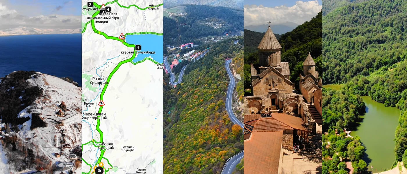 Коллаж: Севанаванк зимой, серпантин в Дилижан, карта маршрута, монастырь Агарцин и зелёное ущелье - однодневный маршрут из Еревана на арендованной машине